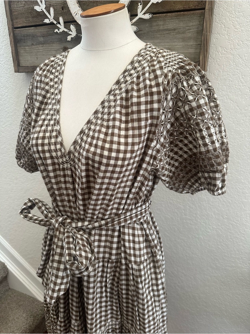 The Great Cross Stitch Dakota Brown Gingham Maxi Dress with Tie Waist size L - Picture 2 of 11
